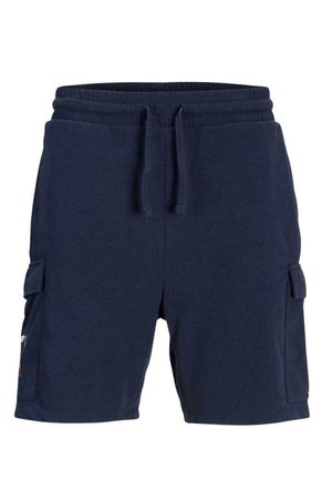 Pantalones cortos de carga azul marino fabricados con una suave mezcla de algodón, con bolsillos laterales, una cinturilla elástica y un cordón para un ajuste ajustable.