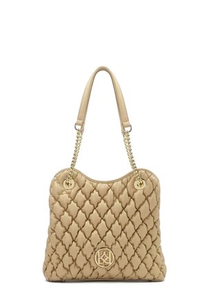 Quilted beige handbag with a rounded top, two detachable leather straps, gold-tone hardware, and a logo accent on the front.