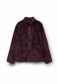 Chaqueta de pelo sintético en color púrpura profundo con un alto cuello y cierre de cremallera completo. Presenta mangas largas y una superficie texturizada y suave.