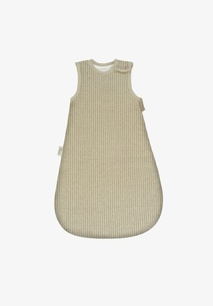 Ärmelloser Schlafsack in hellem Beige mit strukturiertem Muster, abgerundetem Boden und Druckknopfverschluss an der Schulter. Weiches Stoffmaterial.