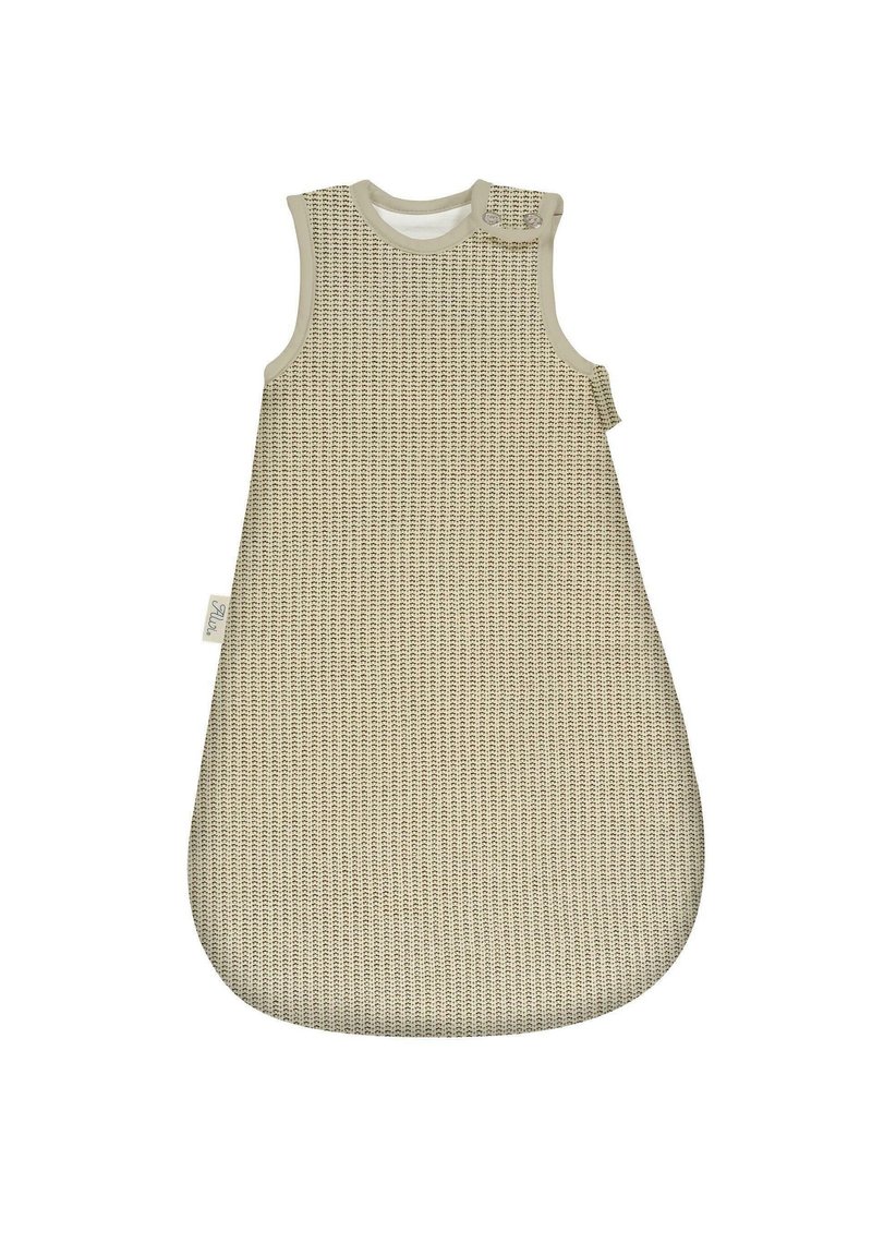 Ärmelloser Schlafsack in hellem Beige mit strukturiertem Muster, abgerundetem Boden und Druckknopfverschluss an der Schulter. Weiches Stoffmaterial.