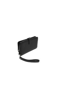 Black leather wallet with a zip closure, wrist strap, and a smooth texture. Features a fold-over tab, oblong shape, and sleek design.