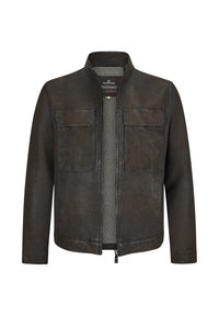 Braune Lederjacke mit Stehkragen, zwei vorderen Taschen und einem Reißverschluss vorne. Verfügt über eine strukturierte Oberfläche und eine kontrastierende Innenauskleidung.