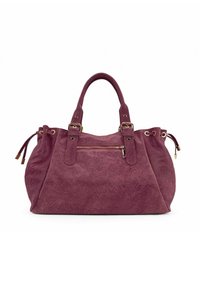 Sac à main en daim violet avec deux poignées supérieures, doté d'une poche avant zippée, de ferrures dorées et de détails à cordon de serrage sur les côtés.