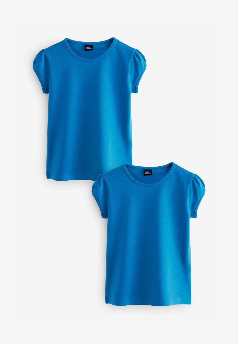 Du dušo trumpomis rankovėmis marškiniai iš gyvos mėlynos medvilnės. Savybės: apvalus iškirpimas, pūstyti rankovės, glotni tekstūra ir paprastas dizainas.