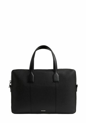 Servietă din piele neagră cu două mânere, formă rectangulară structurată, textură netedă și un logo subtil în partea din față, jos.