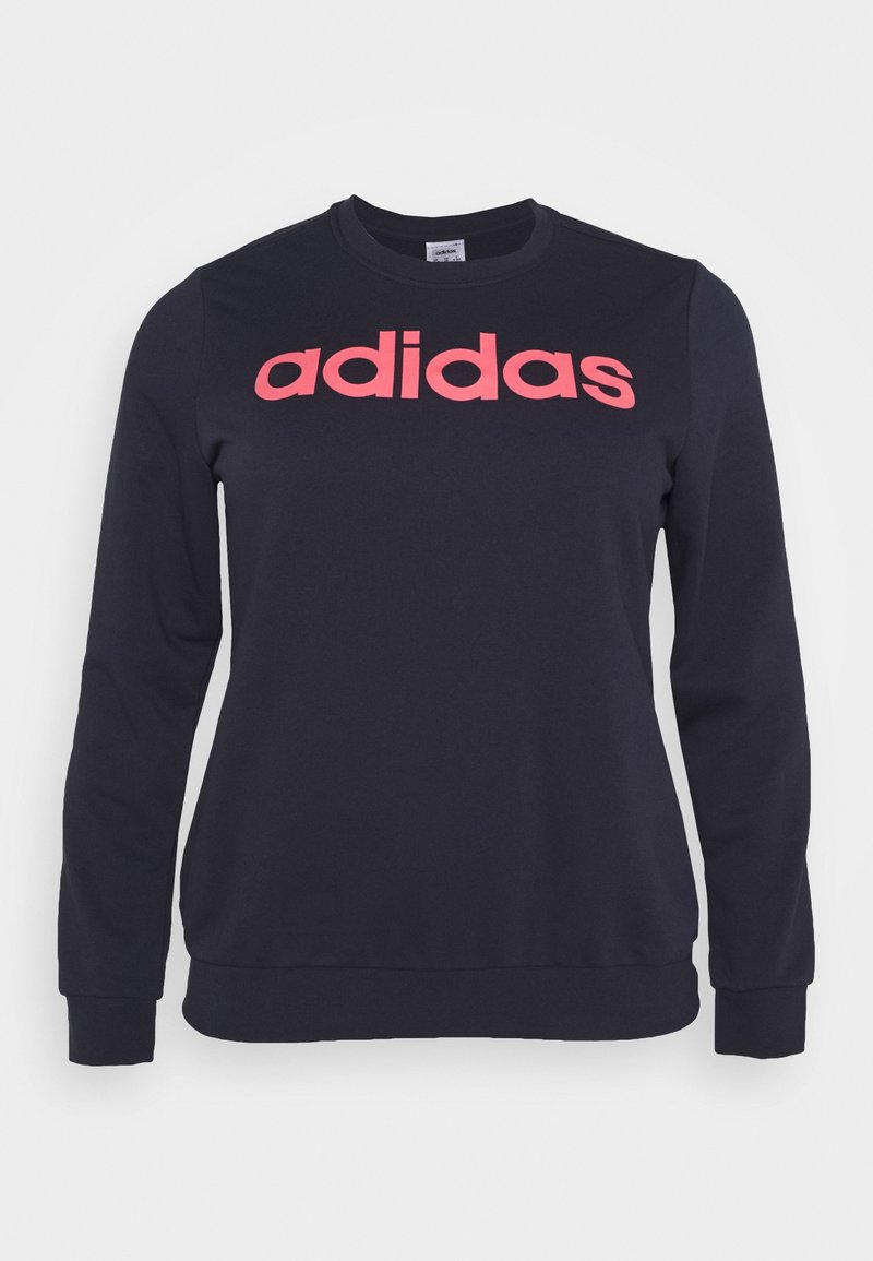 Sweat-shirt bleu marine à manches longues avec logo rose "adidas" centré sur la poitrine, avec poignets et ourlet côtelés.