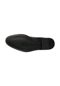 Suola di scarpa nera lucida, con forma arrotondata e superficie texture. Presenta un motivo a righe per una migliore aderenza.