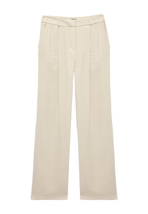 Crèmekleurige broek met wijde pijpen, voorplooien, zijzakken, riemlussen en een verborgen voorsluiting.