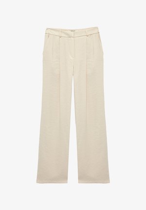 Pantaloni crema a gamba larga con pieghe frontali, tasche laterali, passanti per cintura e chiusura frontale nascosta.