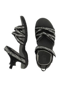 Black and gray sandals with woven strap design, featuring a cushioned footbed and textured rubber outsole for grip.