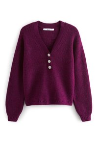 Suéter de punto morado con cuello en V, tres botones decorativos, puños y dobladillo acanalados, con un patrón texturizado en toda la prenda.