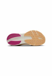 Suola della scarpa con base beige, superficie testurizzata, accenti in gomma rosa e battistrada con motivo per una migliore presa.