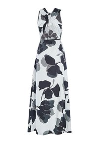 Abito maxi con un design floreale in bianco e grigio su uno sfondo bianco. Realizzato in tessuto leggero con un seno arricciato e spalline larghe.