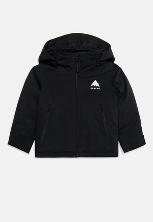 Veste noire à capuche avec fermeture éclair à l'avant et deux poches zippées, avec un logo montagne blanc et le texte "Burton" sur la poitrine.