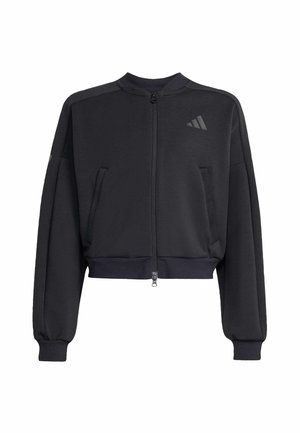 Black cropped sweatshirt with a high collar, zip closure, two front pockets, and subtle logo detail on the chest. Soft texture, relaxed fit.