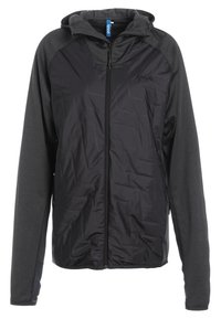 Veste à capuche noire et gris foncé avec fermeture éclair, panneau avant matelassé et manches longues, avec le logo Pyua sur la poitrine.