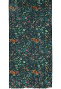 Foulard floreale con sfondo verde scuro e una varietà di fiori e foglie colorate, rifinito con un bordo frangiato.