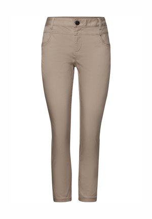 Beige broek van gladde stof met een slim-fit ontwerp, voorzien van een knoopsluiting, twee voorzakken en een nette, op maat gesneden silhouet.