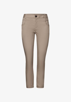 Beige bukser lavet af glat stof med en slim-fit design, der har en knaplukning, to forlommer og en ren, skræddersyet silhuet.