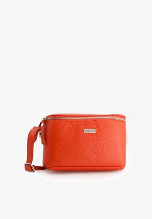 Orange leather cosmetic bag with a textured finish, rectangular shape, top zipper closure, and detachable strap. Silver hardware detail present.