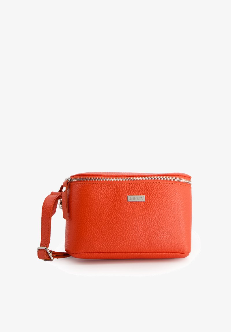 Orange leather cosmetic bag with a textured finish, rectangular shape, top zipper closure, and detachable strap. Silver hardware detail present.
