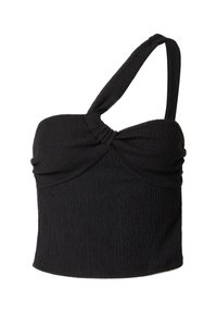 Zwarte, geribbelde, mouwloze top met een gedraaide voorkant en een enkele strap. Glad textuur en aansluitende silhouet.