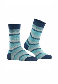 Baumwollsocken mit einem gestreiften Muster in Blau- und Türkistönen, mit dunkelblauen gerippten Bündchen und verstärkten navyblauen Zehen.