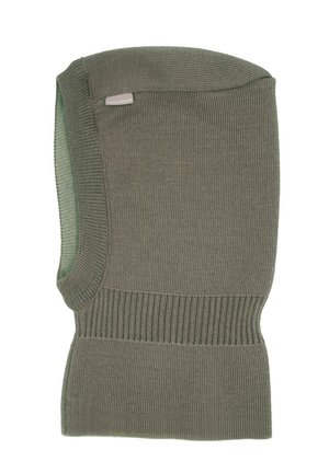 Knit olive green balaclava with ribbed midsection and small fabric tag on side.