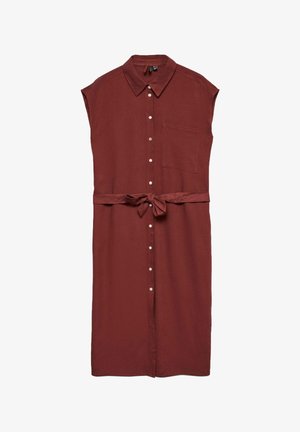 Vestido camisero sin mangas de color óxido, con collar, botones en la parte delantera, bolsillo en el pecho y cinturón de tela anudado a la cintura.