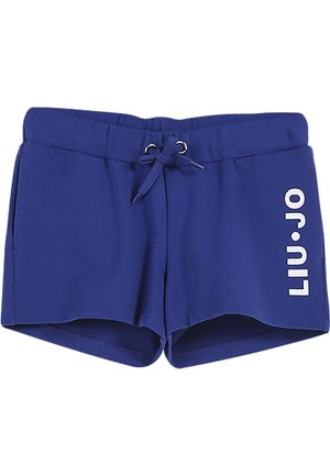 Short de sport bleu avec taille à cordon, poches latérales et logo blanc "LIU·JO" sur la jambe droite.