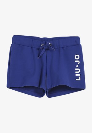 Short de sport bleu avec taille à cordon, poches latérales et logo blanc "LIU·JO" sur la jambe droite.