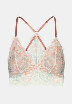 Lace bralette met bloemenpatroon in perzik en munt. Verstelbare satijnen bandjes kruisen op de rug; zachte cups met een golvend kantdetail.