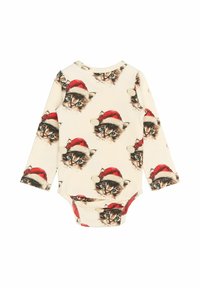 Long-sleeve onesie featuring a ribbed texture, cream background, and repeated cat faces wearing red Santa hats. Snap closure at the bottom.
