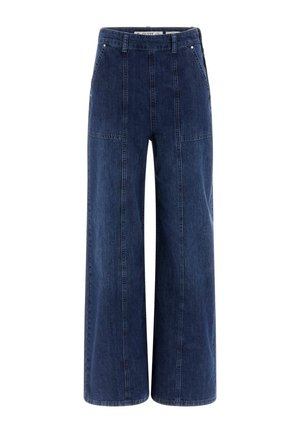 Tumedate jalad denim püksid tumepoolses sinises, millel on kõrge vöökoht, kaks eesmist taskut ja peened õmblustehnikad lisatekstuuriks.