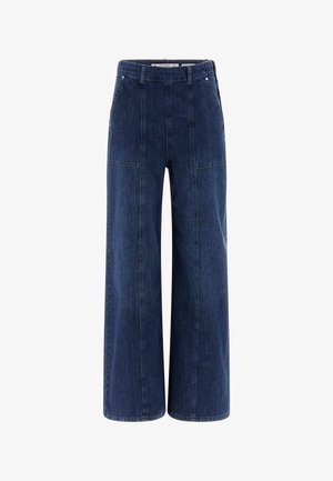 Tumedate jalad denim püksid tumepoolses sinises, millel on kõrge vöökoht, kaks eesmist taskut ja peened õmblustehnikad lisatekstuuriks.