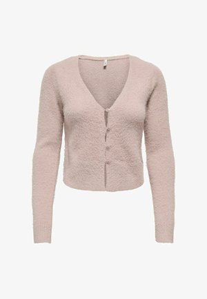 Ružičasti kardigan s V-izrezom, dugim rukavima i teksturiranim materijalom. Ima šest dugmadi sprijeda i krojen je da bude kratki, prilagođen.
