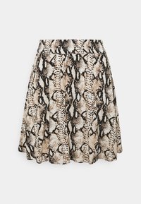 Ein weit ausgestellter Rock mit einem beige-schwarzen Schlangenmuster, aus leichtem Stoff mit glatter Textur und einem taillierten Gummibund.