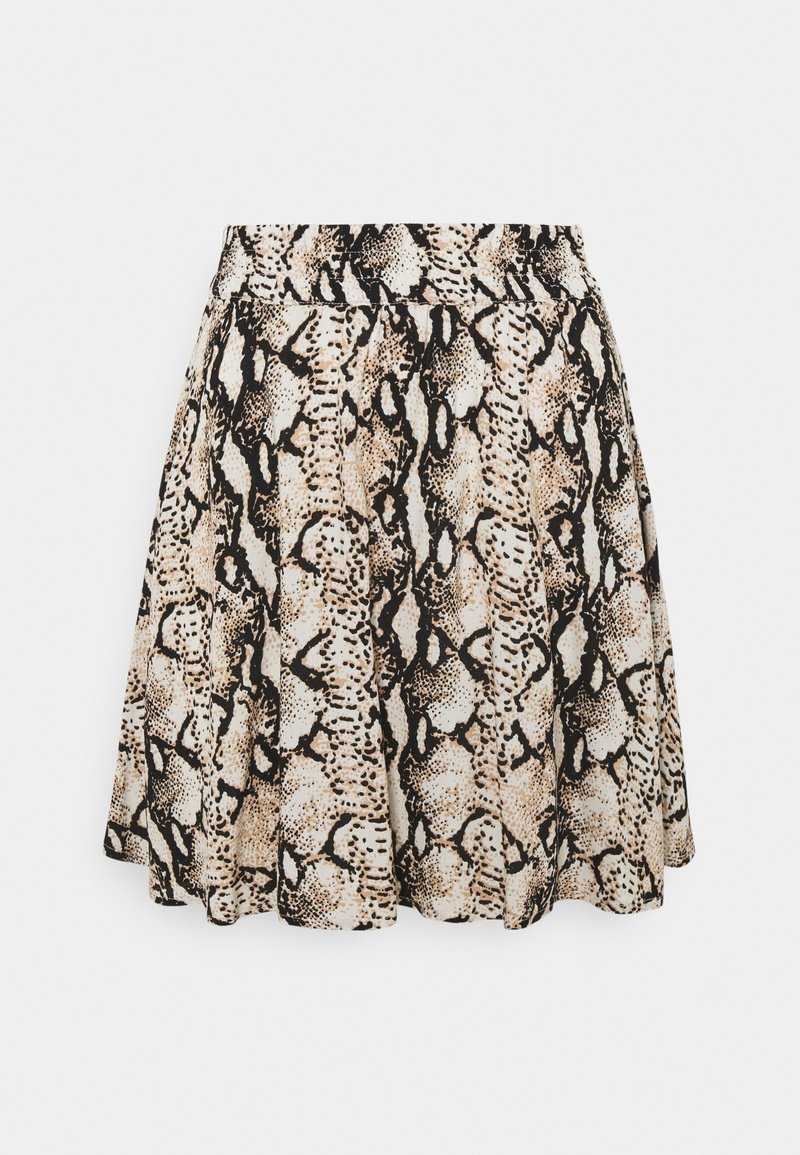 Ein weit ausgestellter Rock mit einem beige-schwarzen Schlangenmuster, aus leichtem Stoff mit glatter Textur und einem taillierten Gummibund.