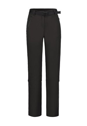 Pantaloni neri a gamba dritta con tasche anteriori con zip e cintura regolabile incorporata, progettati per uso all'aperto o casual.