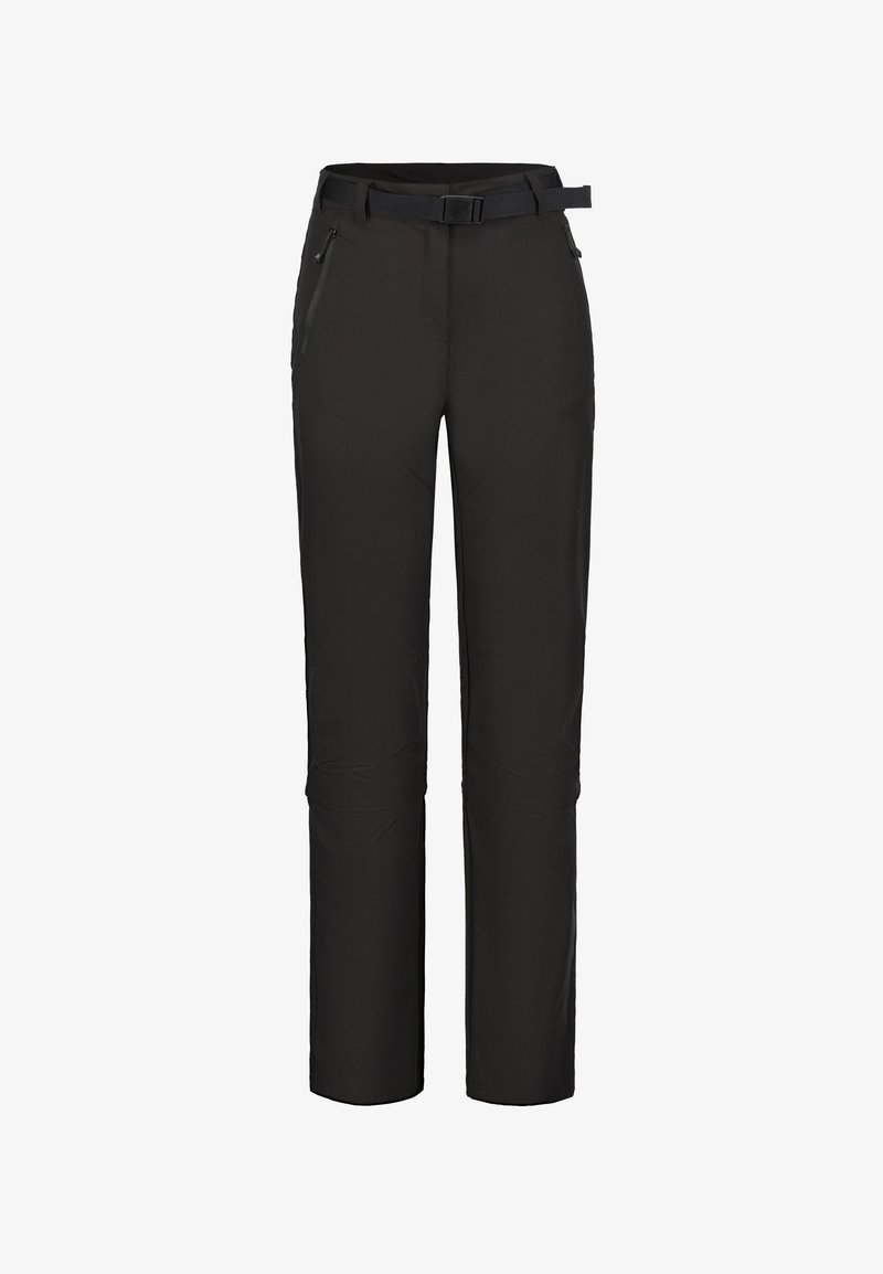 Pantalon noir droit avec poches avant zippées et ceinture ajustable intégrée, conçu pour une utilisation en extérieur ou décontractée.