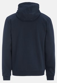 Marinblå hoodie med dragsko i huven, långa ärmar och ribbad avslutning. Tillverkad av mjukt bomullstyg, med en enkel design utan mönster.