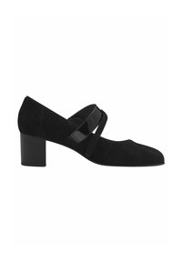 Chaussure en daim noir avec un bout arrondi, un petit talon bloc et deux brides croisées noires brillantes sur le dessus. Texture lisse et design épuré.