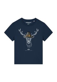 T-shirt en coton bleu marine avec un motif d'un cerf avec des bois et un chapeau noir, le texte en dessous indique "animaux du sud."