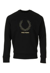 Zwarte sweatshirt van katoen, met een gouden geborduurde lauwerkrans en de tekst "FRED PERRY" in het midden. Geribbelde manchetten en zoom.