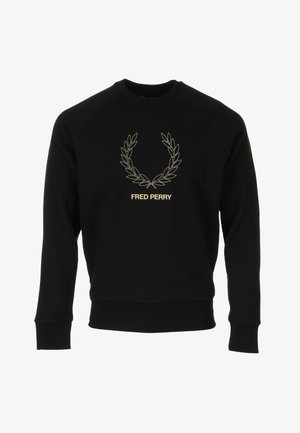 Zwarte sweatshirt van katoen, met een gouden geborduurde lauwerkrans en de tekst "FRED PERRY" in het midden. Geribbelde manchetten en zoom.