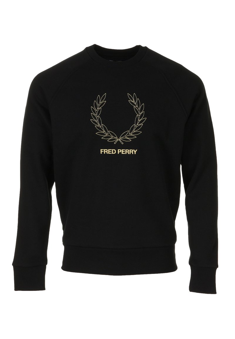 Zwarte sweatshirt van katoen, met een gouden geborduurde lauwerkrans en de tekst "FRED PERRY" in het midden. Geribbelde manchetten en zoom.