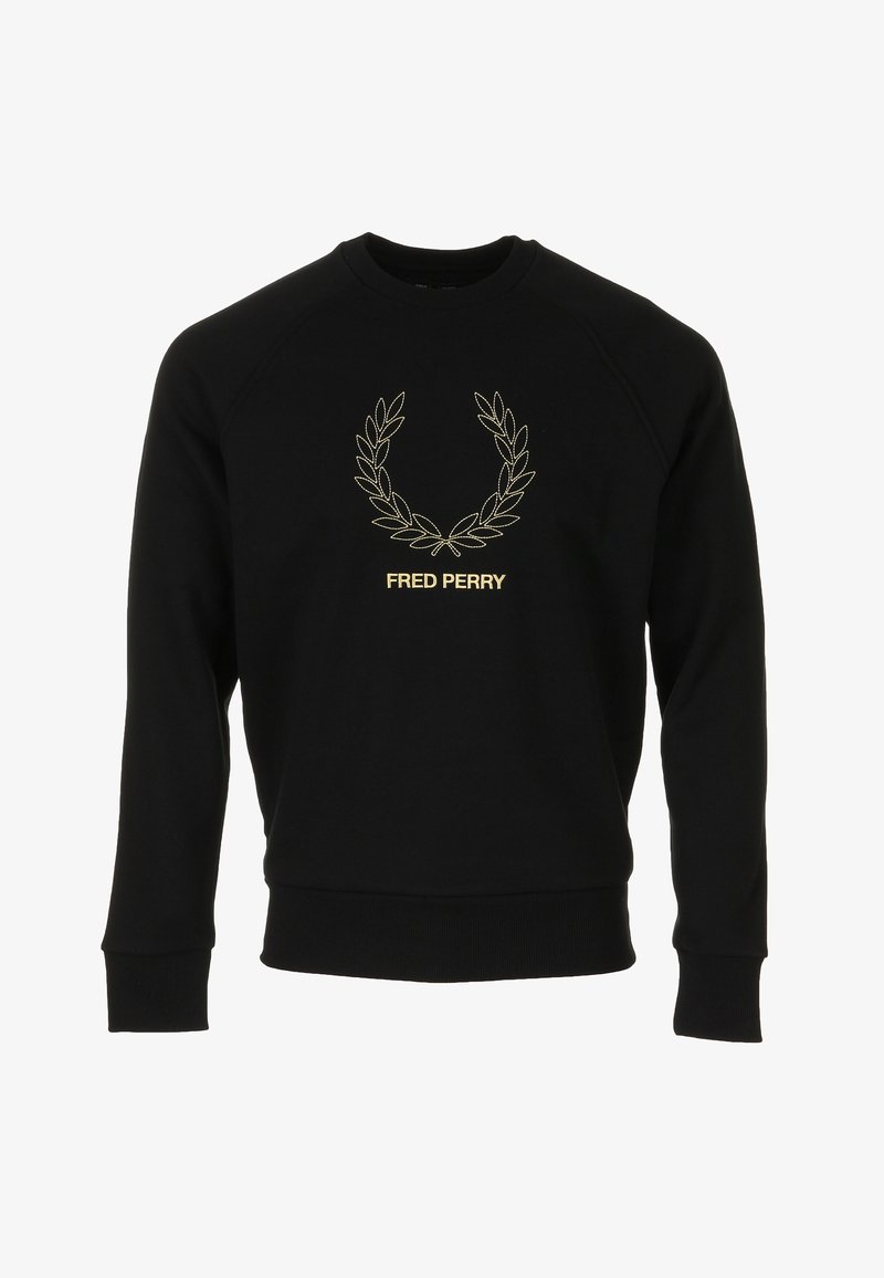 Zwarte sweatshirt van katoen, met een gouden geborduurde lauwerkrans en de tekst "FRED PERRY" in het midden. Geribbelde manchetten en zoom.