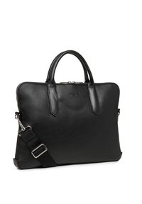 Borsa per laptop in pelle nera con finitura testurizzata, doppi manici, tracolla rimovibile e hardware della cerniera in tonalità argento.
