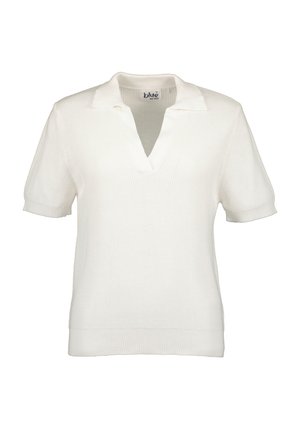 Witte gebreide polo met korte mouwen, V-hals, ribgebreide mouwen en onderrand. Soepele textuur met een minimalistisch ontwerp.